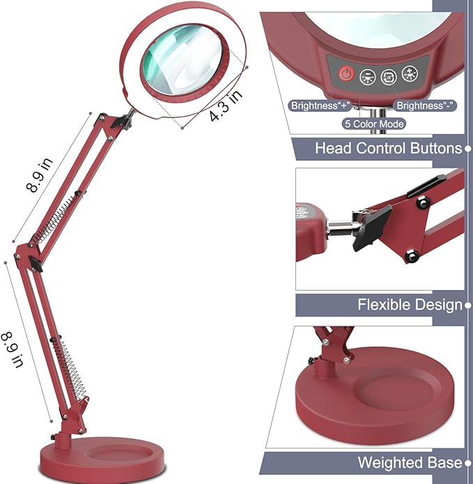 10X Magnifying Glass with Light and Stand, Upgrade Button 5 Color Modes Stepless Dimmable, 2-in-1 LED Lighted Magnifier Light, Hands Free Desk Lamp with Clamp for Craft Hobby Close Work - Red