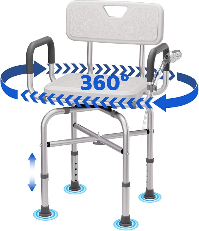 360° Swivel Shower Chair for Inside Shower, 500lbs Swivel Shower Chair with Arms and Back, Adjustable Height Shower Chair for Elderly and Disabled with Stable Non-Slip Design Bathroom Tub Stool