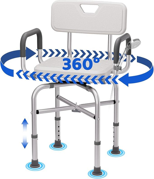 360° Swivel Shower Chair for Inside Shower, 500lbs Swivel Shower Chair with Arms and Back, Adjustable Height Shower Chair for Elderly and Disabled with Stable Non-Slip Design Bathroom Tub Stool