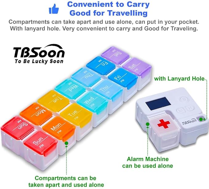 7 Day Medicine Pill Organizer, 4 Reminder Alarms, Loud Sound, 14 Large Compartments, Large Screen, Moisture-Proof, Travel Weekly/Daily Pill Box/Organizer/Case/Container/Dispenser, AM/PM 2 Times a Day