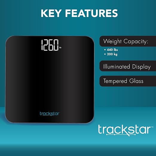 trackstar Black Digital Weight Scale | 440 lb Weight Capacity | trackstar Monitoring App | Bluetooth iOS & Android Compatible | Measure, Track, and Share Results