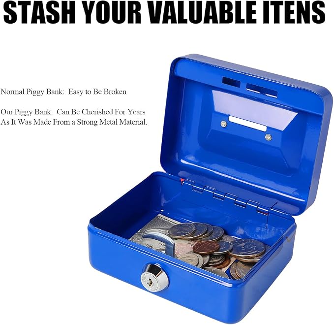 Jssmst Small Cash Box with Lock and Slot, Metal Coin Piggy Bank for Adults and Kids, Blue Locking Money Box