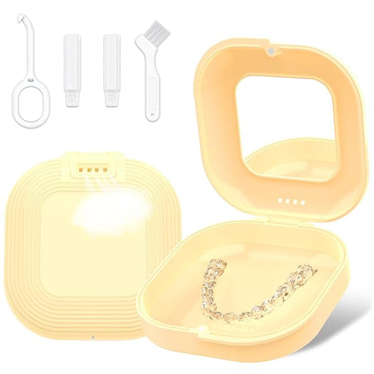 Retainer Case with Mirror and Vent Holes, Cute Retainer Holder Case Compatible with Invisalign, Aligner and Night Guard Case, Slim Retainer Case with Retainer Removal Tool, Chewies & Brush (Yellow)