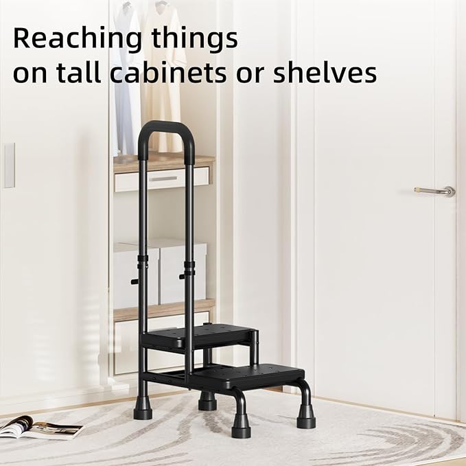 2 Step Stool with Handle for Seniors - Adjustable Handrail &Non-Skid Platform, Heavy Duty 2 Step Stool for Adults, Elderly, Foot Stool for Bedside, Kitchen, Car, Bathtub