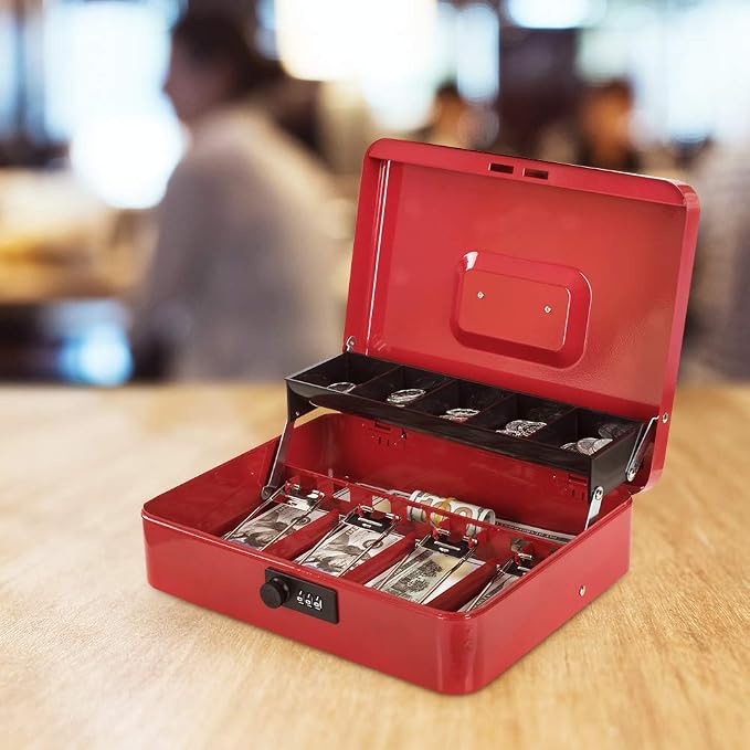 Cash Box with Money Tray and Combination Lock Metal Money Box for Cash Tiered Lock Box for Money 11.8" x 9.4" x 3.54" Red