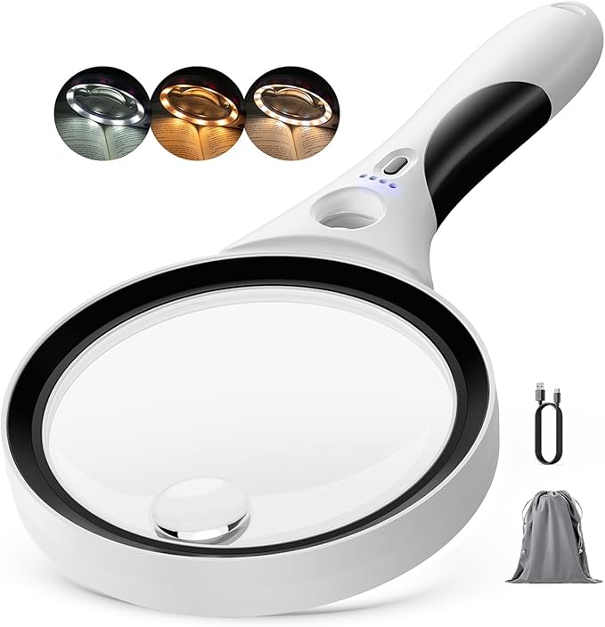 Rechargeable Magnifying Glass with Light - Recant Illuminated Magnifier Handheld Lighted Magnifying Glasses with 18LED Cold & Warm Light 3 Modes for Seniors Reading Close Work