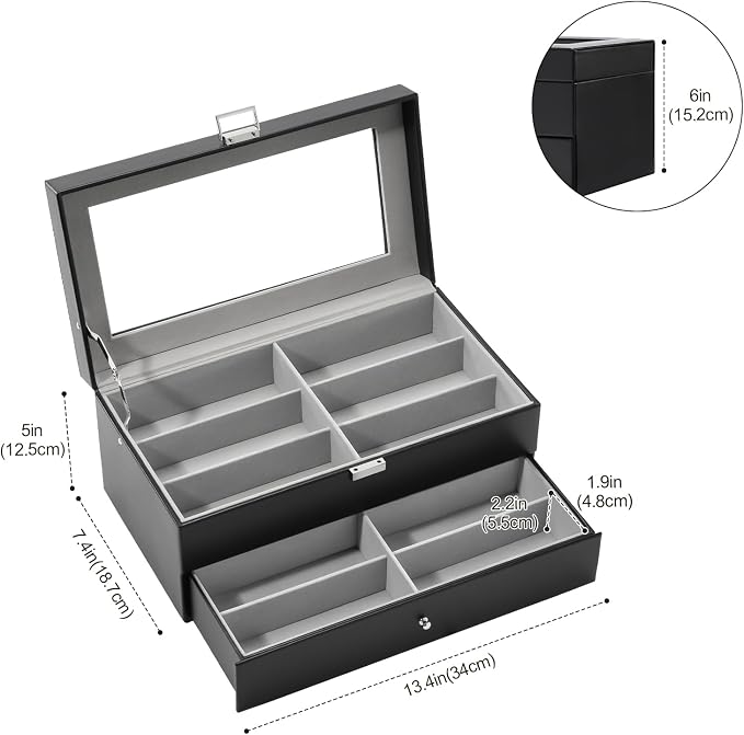 ProCase 12 Slots Sunglasses Organizer, 2 Layer Sunglass Case, Leather Eyeglass Cases for Display and Storage -Black