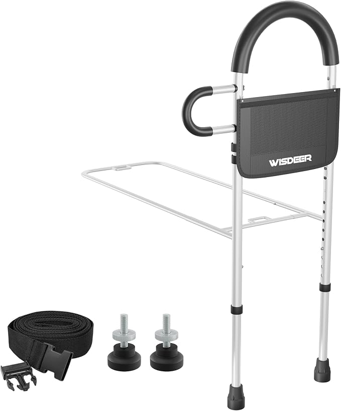Bed Rails for Elderly Adults Safety: Side Assist Grab Bar Handrails for Seniors with Dual Handle Rails & Storage Bag - Adjustable Bed Cane Portable Bedside Railing - Fits Twin Full Queen King White