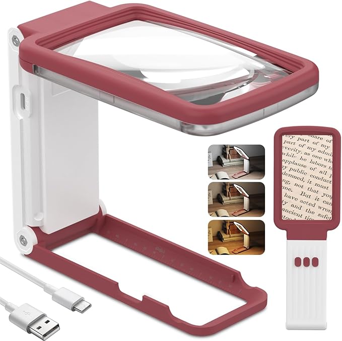 10X Magnifying Glass with Light and Stand, Real Glass Lens, Rechargeable Foldable Handheld Magnifier, 3 Color Modes Dimmable Lighted Page Magnifier for Reading Fine Prints, Seniors - Red White
