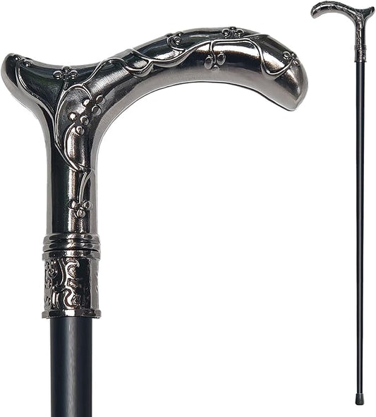 Walking Cane for Men & Women - Heavy Duty 500+ lbs Capacity, Gothic Decorative Ornate Metal Cane with Ergonomic Handle, Black & Silver Design Walking Stick for Senior