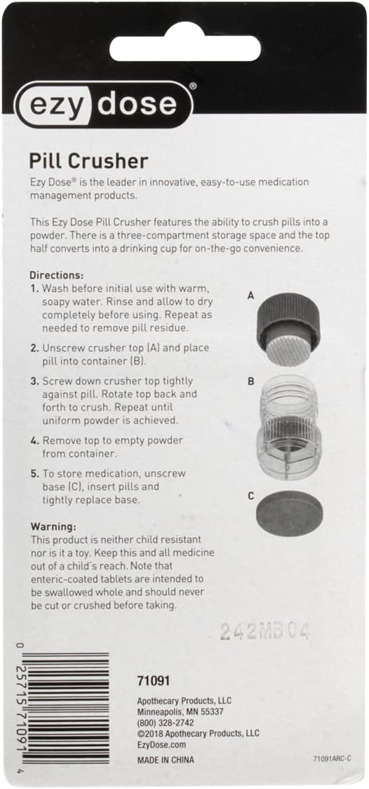 EZY DOSE Crushes Pills, Vitamins, Tablets, Storage Compartment, Removable Drinking Cup, Portable Design, Designed for Travel, Color May Vary, BPA Free