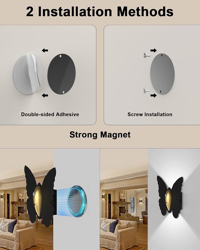 Eneru Motion Sensor Wall Sconce, Rechargeable Wall Light Wireless Indoor | 5000mAh Battery Operated Wall Sconce, Motion Activated, Magnetic Butterfly Night Light for Hallway Stair Closet Pantry Porch