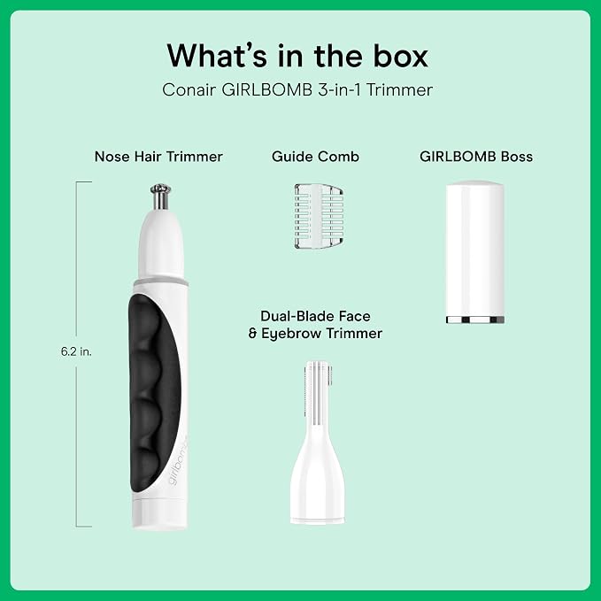 Conair GIRLBOMB Nose Face & Brow Trimmer | 3-in-1 Battery-Powered Trimmer for Fine and Coarse Facial Hair, White, GBT01W