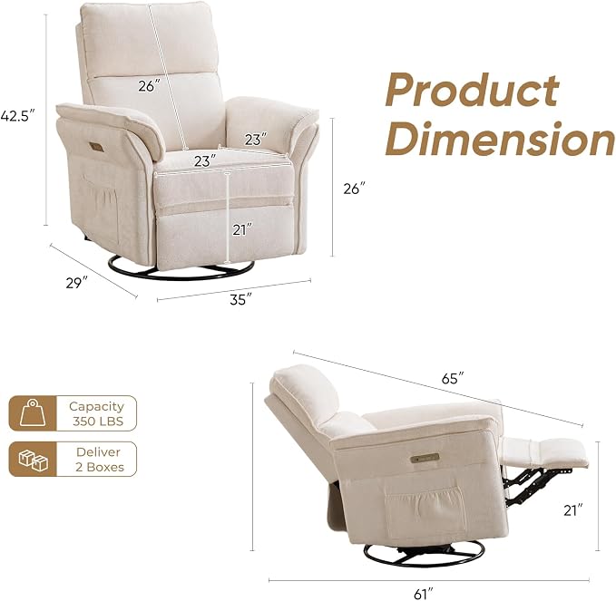 Power Nursery Recliner with Auto Rocking,Oversized Swivel Rocker Recliner with Massage and Heat,Glider Recliner Nursery Chair with Adjustable Headrest for Living Room and Bedroom,White