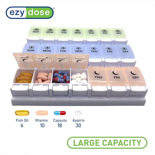 EZY DOSE Weekly (7-Day) Pill Case, Daily Medicine Planner, Vitamin Organizer Container, Large Push Button Compartments, Easy to Use, 3 Times a Day, Spring Open Design, Pastel Rainbow Lids, BPA Free