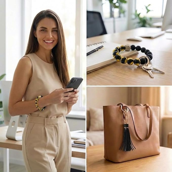 BIHRTC Key Ring Bracelet Car Keychain Holder Wristlet Silicone Women Beaded Bangle Chains