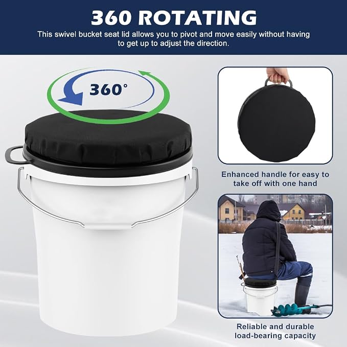 5 Gallon Bucket Seat, 360-Degree Swivel Bucket Seat Cushion with Waterproof Cover, Bucket Seat Lid for Fishing, Gardening, Hunting and Camping