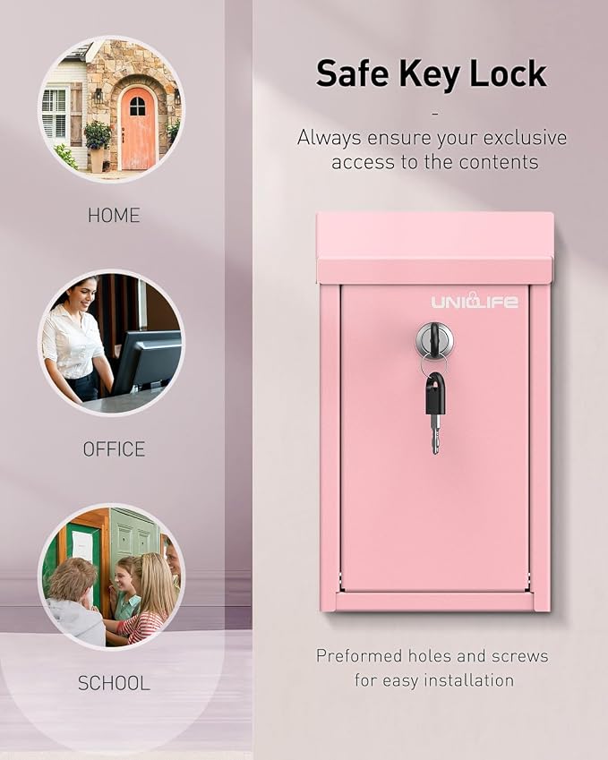 Uniclife Pink Metal Donation Box, Wall Mounted Mailbox for Outside | Safe Suggestion Box with Key Lock, Steel Key Drop Box for Outside, Cash Box for Home Office and Business