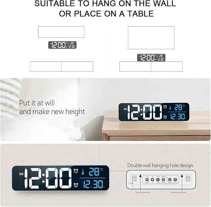 Abovsare Digital Clock for Bedroom, Clocks for Living Room Decor, Desk Table Clock, Alarm Clock Large Display with Date Week Temperature, Automatic Brightness Dimmer, Smart Cool Modern (Black Blue)