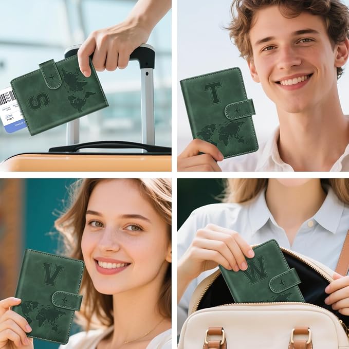 Passport Holder Wallet Cover Personalized Initial Travel Essentials | Embossed Letter A-Z Design, Travel Wallets, RFID Blocking, Passport Book Holders, Women and Men, Personalized Gifts, Green-W