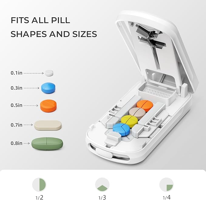Betife Pill Cutter Splitter for Small & Tiny Pills, Precise 1/2 1/3 1/4 Tablet Cutter with Adjustable Centering, Portable Pill Splitter with Safety Guard & Built-in Storage