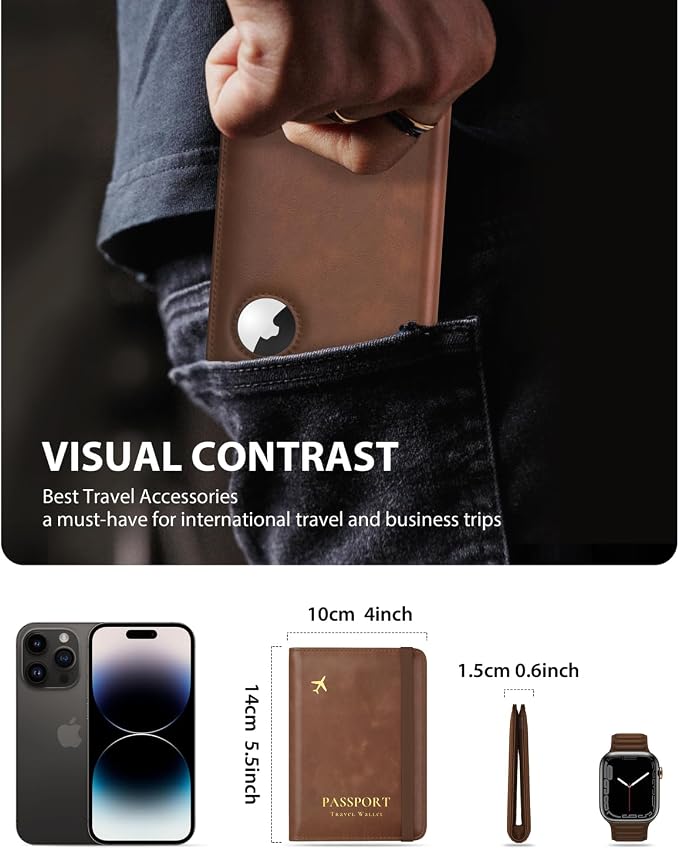 Stouchi AirTag Passport Holder – Slim RFID Travel Wallet | Ultra-slim, Waterproof PU Leather, 5 Card Slots, RFID Blocking, AirTag Slot – Perfect for US Passports