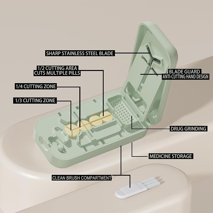 Precision Pill Cutter with Centering Guide - Multi-Angle Tablet Splitter for 1/2, 1/3 & 1/4 Cuts, Includes Pill Crusher & Storage Compartment (Green)