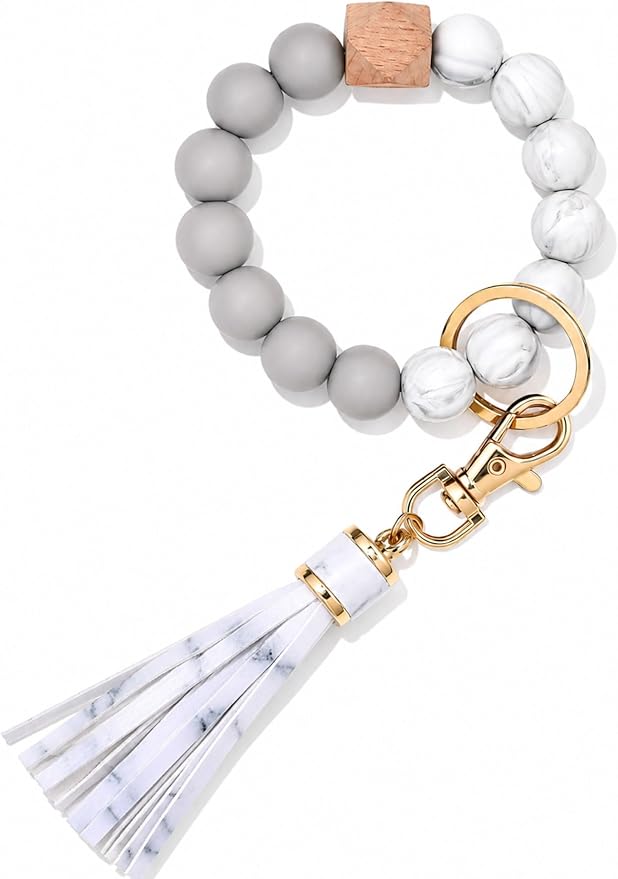 BAOSIWA Silicone Beaded Bracelet Keychain Wristlet Key Ring Bangle Chains for Women with Leather Tassel