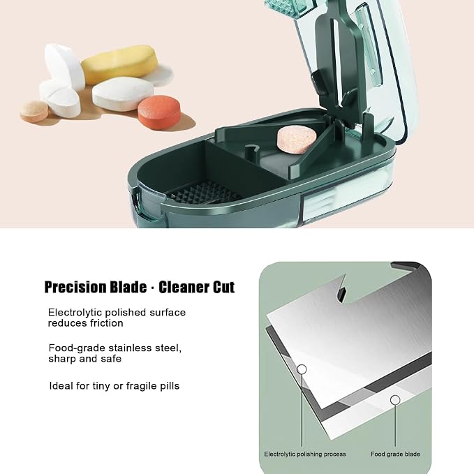 Clear Pill Cutter & Crusher – Precision Tablet Splitter with Safety Blade Guard, Pill Storage and Built-in Cleaning Brush – for Small and Large Pills, Travel Ready (Transparent Green)