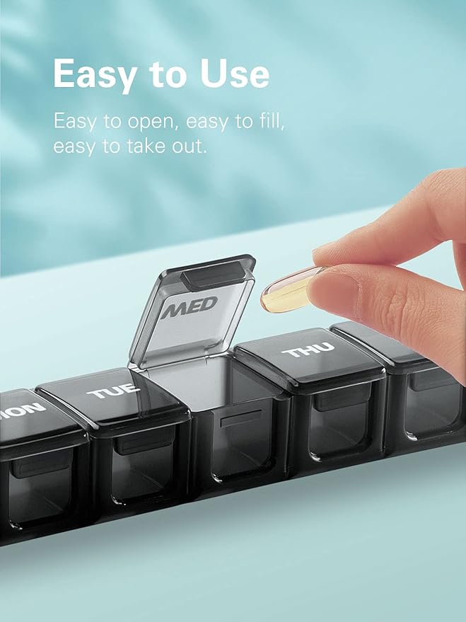 Sukuos Extra Large Weekly Pill Organizer, 7 Day Daily Pill Box Case Easy to Open, Silkscreen Printed Medicine Container with Clear Lid for Vitamins, Fish Oils or Supplements