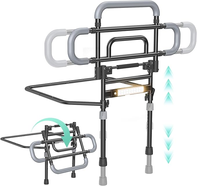 Bed Rails for Elderly Adults Safety, 180° Foldable Bed Rail with Adjustable Height & Width, 350lb Load, Extra-High Design, Wide Base, LED Light & Storage Pockets – Fits King/Queen/Full/Twin Beds