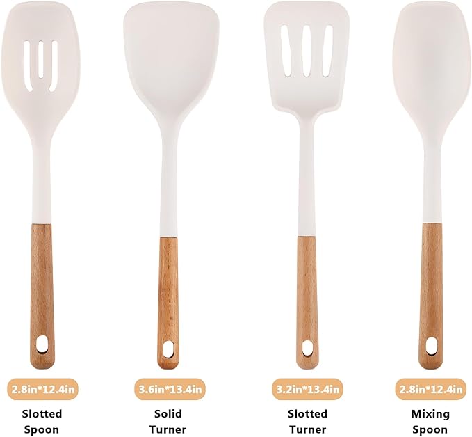 Silicone Kitchen Utensils Set of 4, Large Non-Stick Cooking Utensil Set w Wooden Handle Food Grade Heat Resistance Turner Spoon Silicone Cooking Kitchen Gadgets BPA Free for Nonstick Cookware