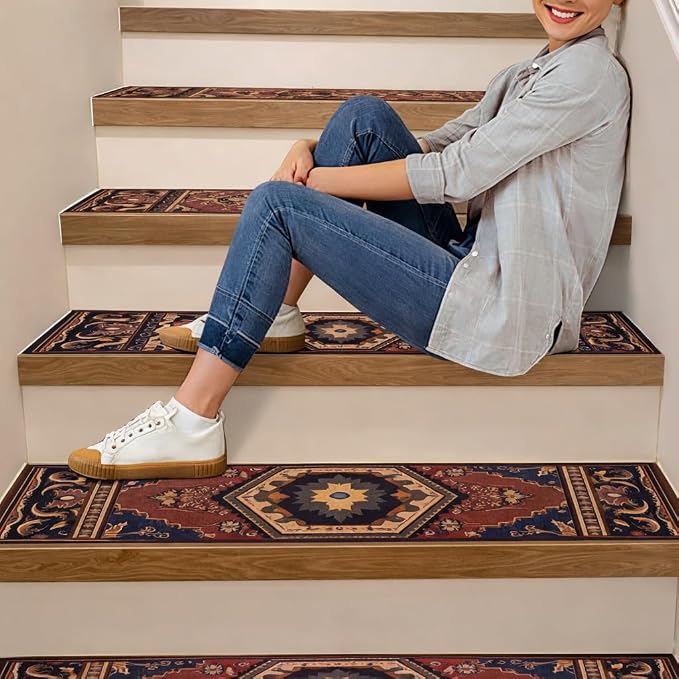 GIB Stair Treads for Wooden Steps Indoor, 15 Pack 8" X 30" Non Slip Carpet Stair Treads with Reusable Adhesive for Kids Elders and Dogs, Boho Vintage Oriental Stair Runner, Brown
