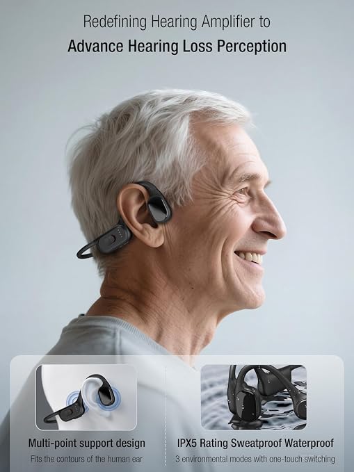 BD-F2H Bone Conduction hearing amplifier for Seniors, 5-Level Memory Volume, IPX5 Waterproof - personal hearing amplifier with the latest Bluetooth (BT) 5.3 technology open ear headphones
