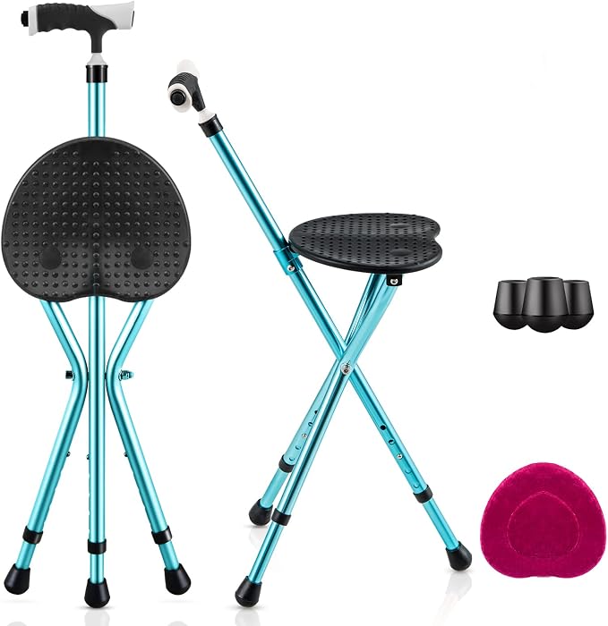 GYMAX Walking Stick Chair Combo, Folding Cane Seat with LED Light, Massage Seat Board & Ergonomic Handle, Adjustable Anti-Skid Walking Stick with Stool, Lightweight Outdoor Travel Rest Stool