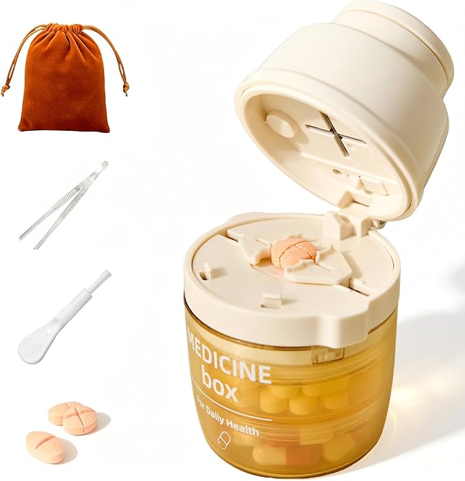 Portable Pill Cutter with Water Cup, 1/2 and 1/4 Tablet Splitter Pill Grinder Crusher Storage Box, ABS Stainless Steel Multifunctional Travel Medicine Organizer