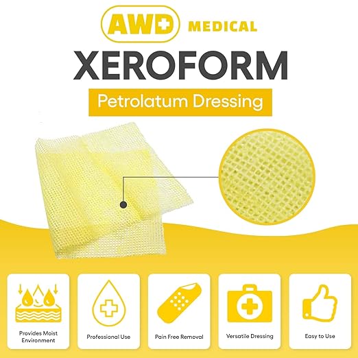 AWD Medical Xeroform Petrolatum Dressing - Non-Adhering Gauze Pad - Fine Mesh Gauze Patch Sterile - Healthcare Supplies for Wound Care, Burns, Lacerations, & Skin Grafts Aide (Box of 25) (2"x2")