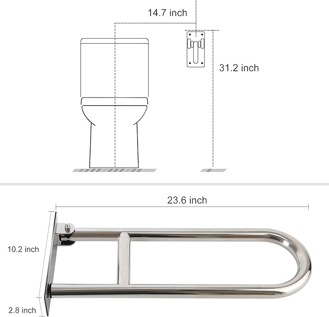 Grab Bars for Toilet Grab bar 304 Stainless Steel Foldable Bathroom Grab Bar, Metal Color, 24 inches Long. Wall Mounted Support for Handicapped or Elderly.