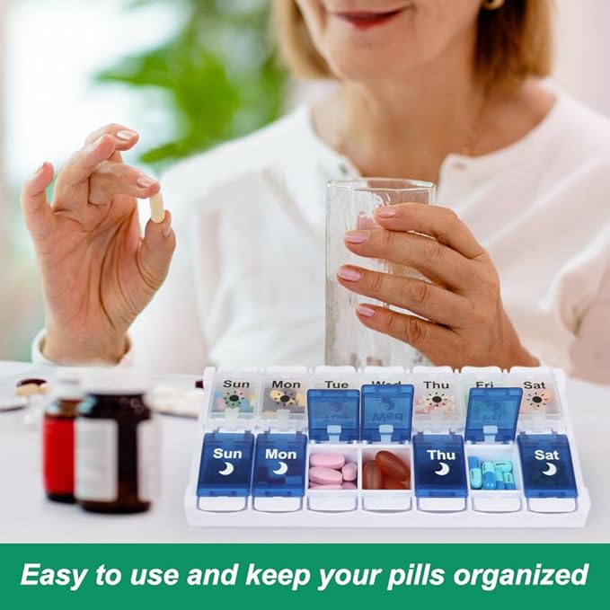 Shintop Weekly Pill Organizer 2 Times a Day, Easy Fill Am Pm Pill Box | Easy-Open Buttons, Quick-Fill Removable Top, Large Compartments, BPA-Free PP, Silicone Hinges, Senior- and Arthritis-Friendly