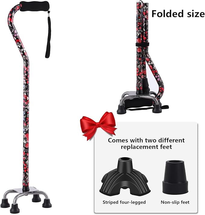 Walking Cane for Women & Men, Adjustable Quad Cane with 4-Prong Base for Stability and Balance, Folding Aluminum Walking Stick for Seniors