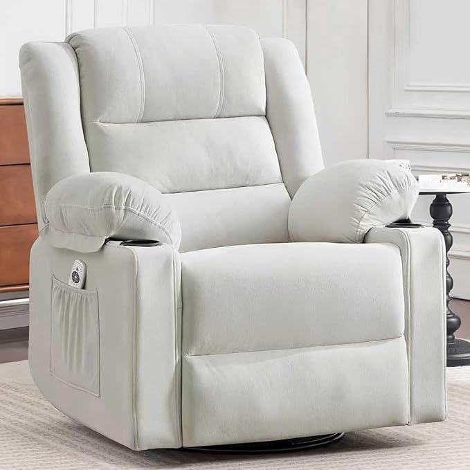 Ketaiyou Swivel Rocker Recliner Chair for Adults with Massage and Heat, Cup Holders and Side Pockets, Glider Rocking Reclining Single Sofa Chair for Living Room(Beige2)