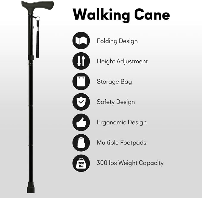 Foldable Walking Cane for Men & Women, Lightweight Aluminum Adjustable Cane with Ergonomic Handle, Non-Slip Rubber Base, Walking Sticks for Seniors Balance,Collapsible Cane for Assistance Travel