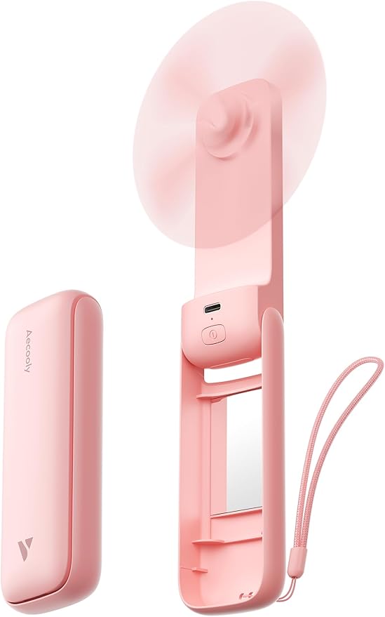 Aecooly Slim Portable Fan with Mirror, Thin Handheld Fan, USB Rechargeable | Mini Personal [24H Max Cooling Time], Battery Powered Small Foldable Pocket for Travel, Lash, Makeup, Gifts for Women -Pink