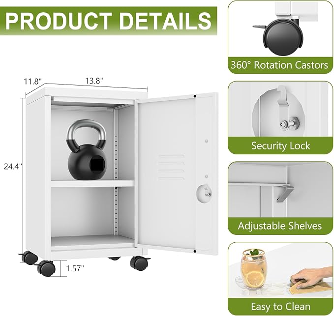 pozdeg 24.4" H Metal Storage Locker with Wheels, Single Door Lockable Steel File Cabinet with Adjustable Shelf, Anti-Theft Locker for Home, Office, School, Gym Organizer, White