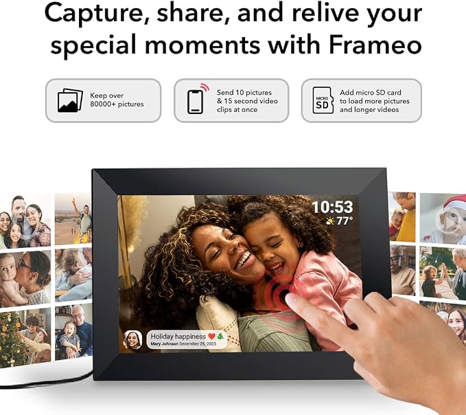 32GB FRAMEO 10.1 Inch Smart WiFi Digital Photo Frame | 1280x800 HD IPS Touchscreen , 32GB Large Storage, Auto Rotate,Share Moments Instantly via Frameo App from Anywhere