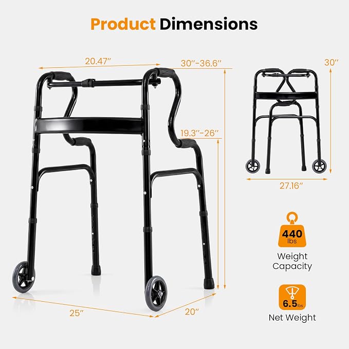 Goplus 3-in-1 Stand-Assist Folding Walker with 5" Wheels, Heavy Duty Walking Mobility Aid Supports up to 220lbs, Can be Used as Toilet Safety Rail, Narrow Drive Walkers for Seniors Elderly Adult