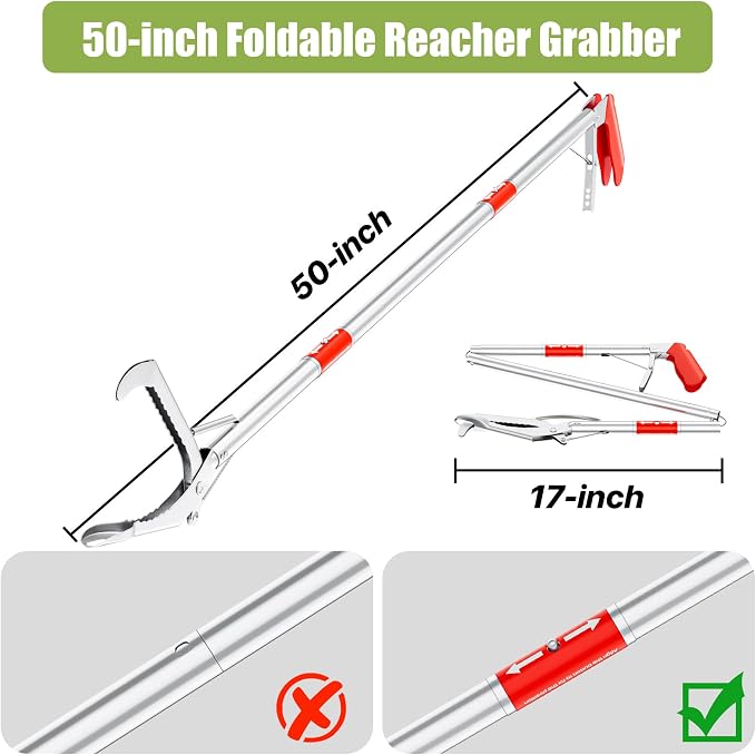 50" Foldable Grabber Reacher Tool, Extra Long 3 Fold Reaching Aid for Seniors, Heavy-Duty Trash Picker Upper & Litter Pickup Tool for Home & Garden