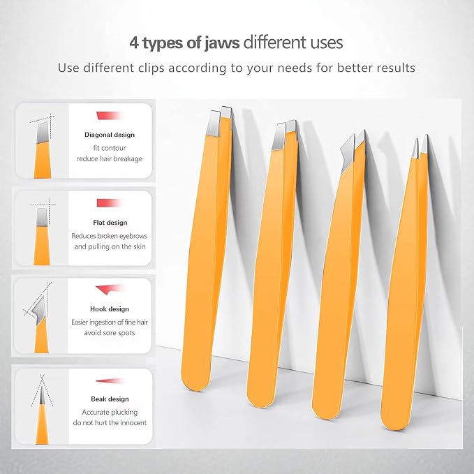 Derlaier Tweezers Set Professional High Precision Stainless Steel Eyebrow Remover Ingrown Hair & Splinter Removal Kit Facial Hair Grooming Tools for Men Women Orange 4 Pcs