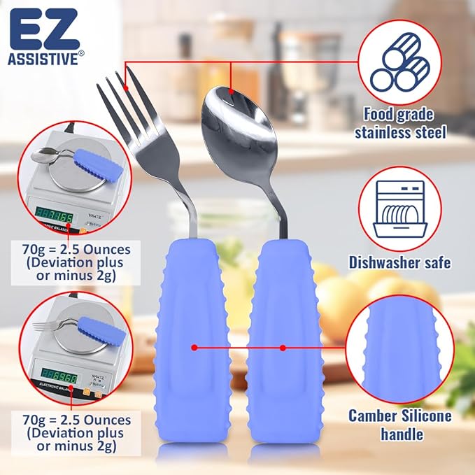 Adaptive Utensils, Weight Utensils for Tremors and Parkinson Patients, Utensil Set Spoon and Fork for Elderly (Right Hand - 1 Set Purple Spoon and Fork)