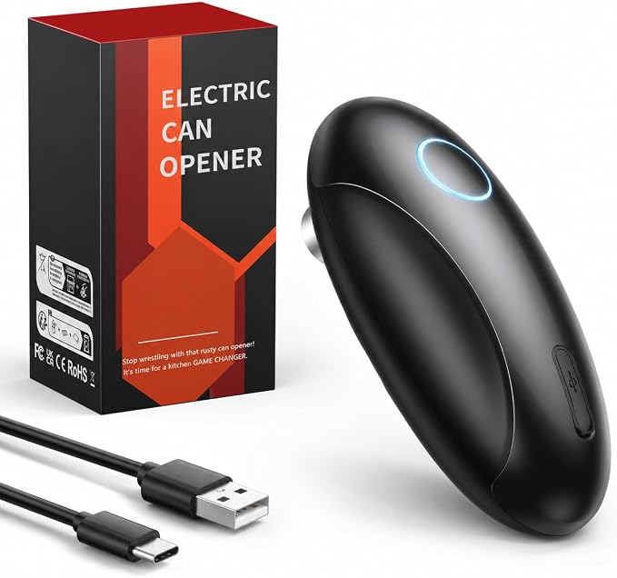 Rechargeable Electric Can Opener for Seniors & Arthritis, Automatic One-Touch Operation, Smooth Edge Cutting with Auto Stop & Magnetic Lid Lifter, Hands-Free, USB-C, Compact, Black
